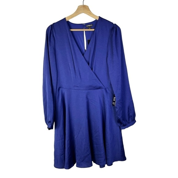 Express Royal Blue Satin Wrap Front Long Sleeve Mini Dress M - Picture 1 of 4